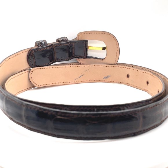 Reptile\'s House Dark Brown Shiny Leather Slim Belt Gold Tone